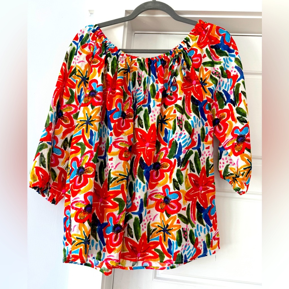 Bold Multi-Colored Linen Blend Blouse - NWOT